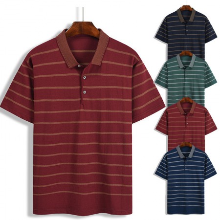 New Summer Men's Hooded Striped Lapel T-Shirt Lapel Short Sleeve